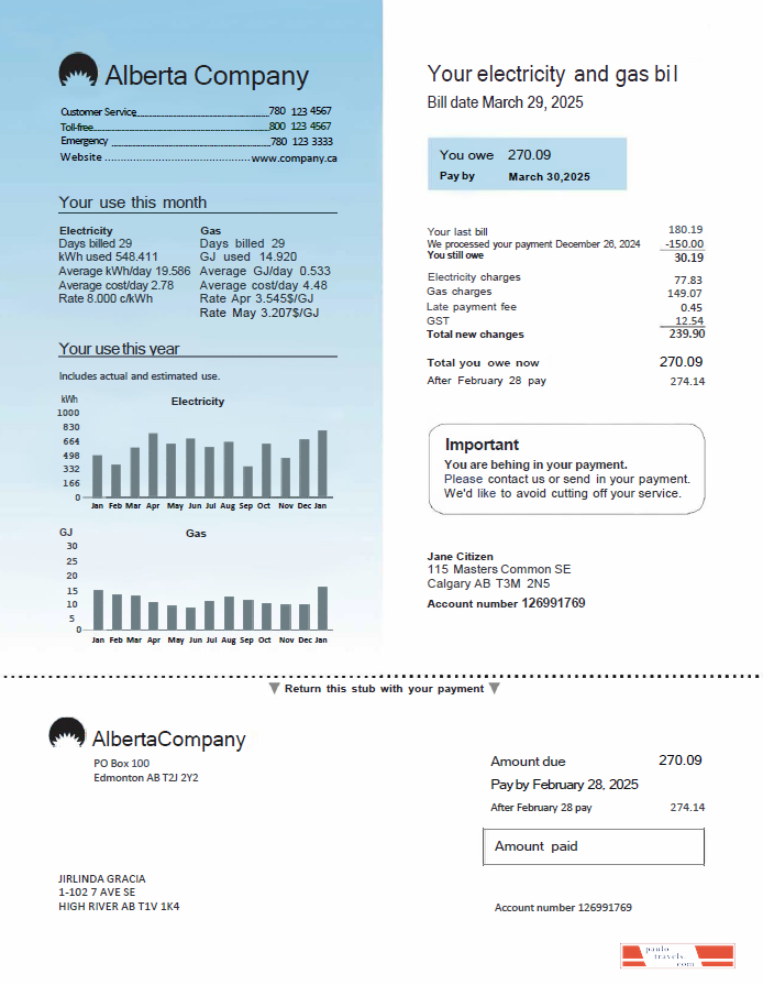 Canada Alberta Company utility bill template in Word and PDF formats